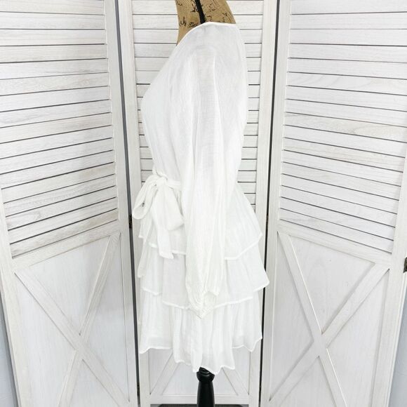 Entro Elizabeth Tiered Ruffle Bubble Sleeve Mini Dress White Medium Boho - Picture 3 of 16